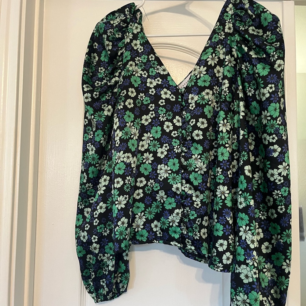 Topshop Blue and Green Floral Blouse with Bow in Back